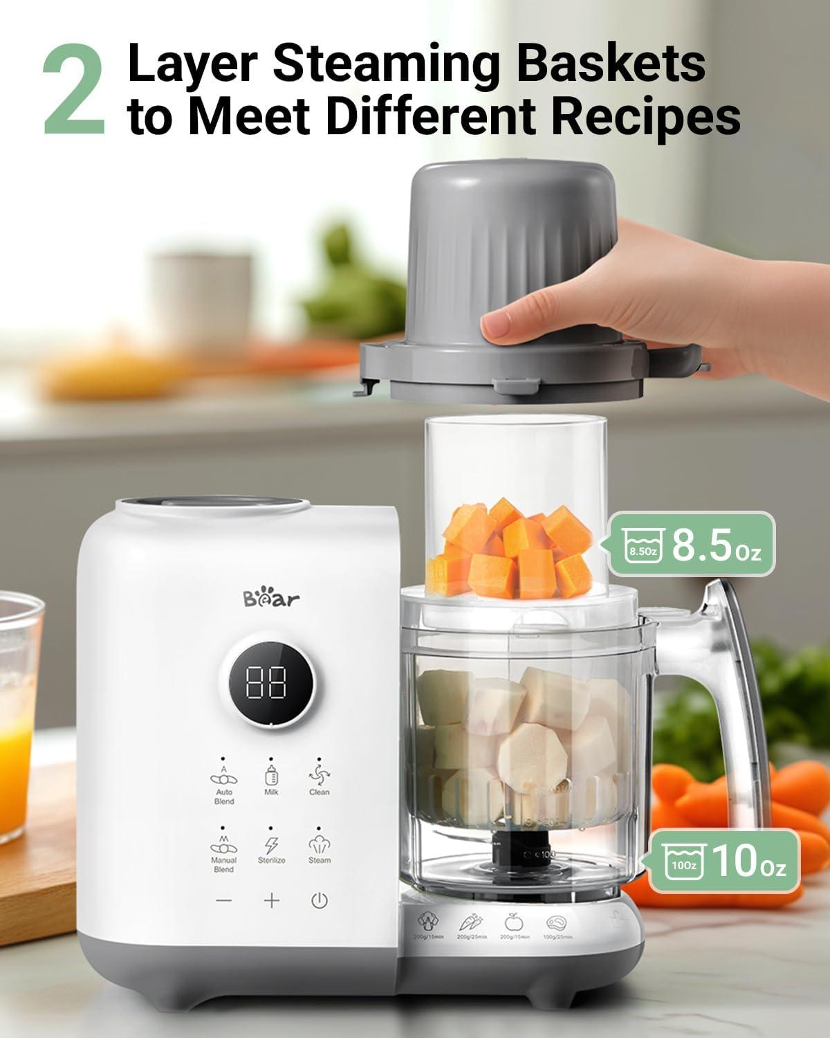image:imageBear Baby Food Maker with 185oz DualLayer Steam Baskets OneStep Baby Food Processor Steamer Puree Blender Grinder Mills Auto Cooking GrindingampSterilizing for Healthy Homemade Baby Food BPAFreeWhite