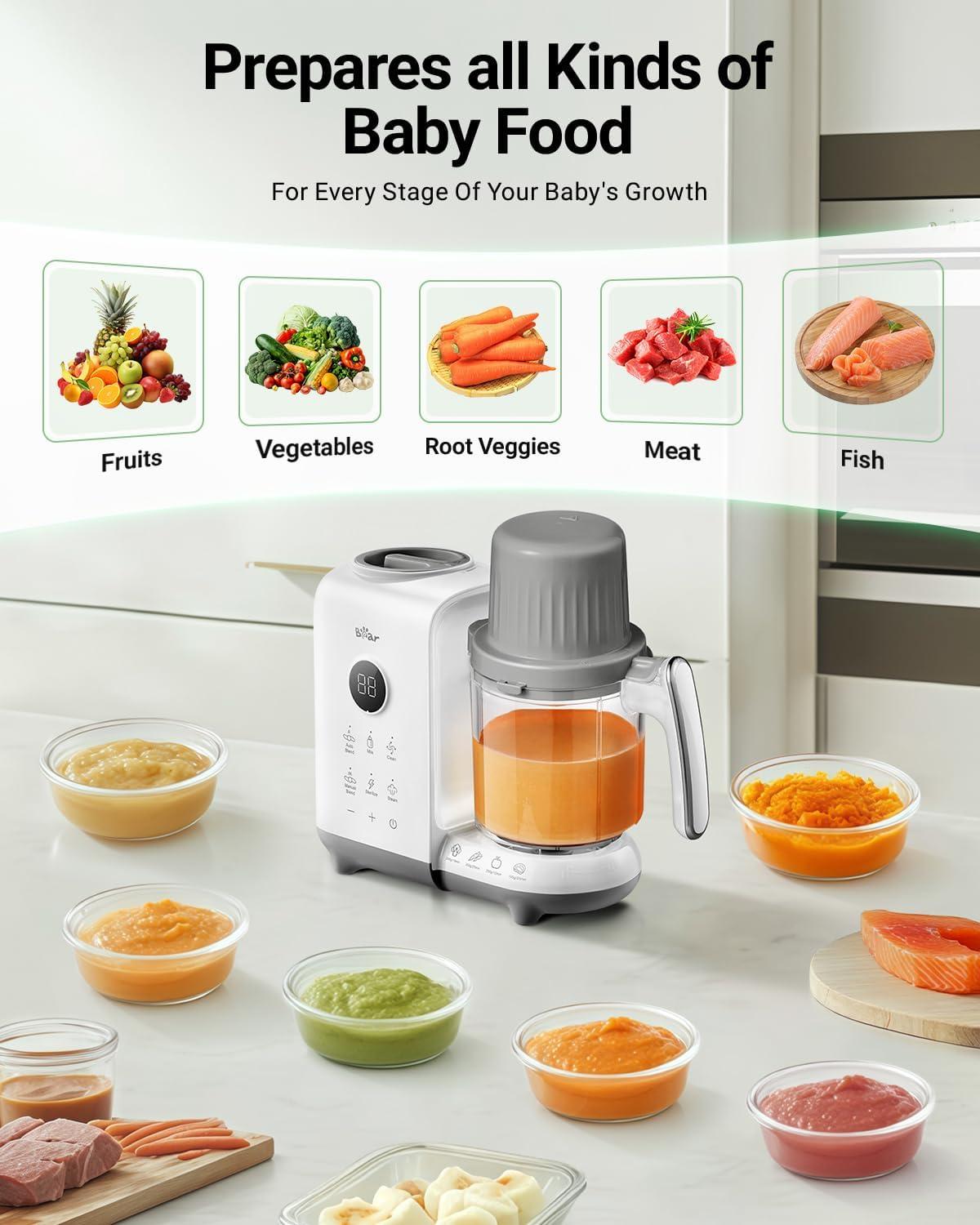image:imageBear Baby Food Maker with 185oz DualLayer Steam Baskets OneStep Baby Food Processor Steamer Puree Blender Grinder Mills Auto Cooking GrindingampSterilizing for Healthy Homemade Baby Food BPAFreeWhite