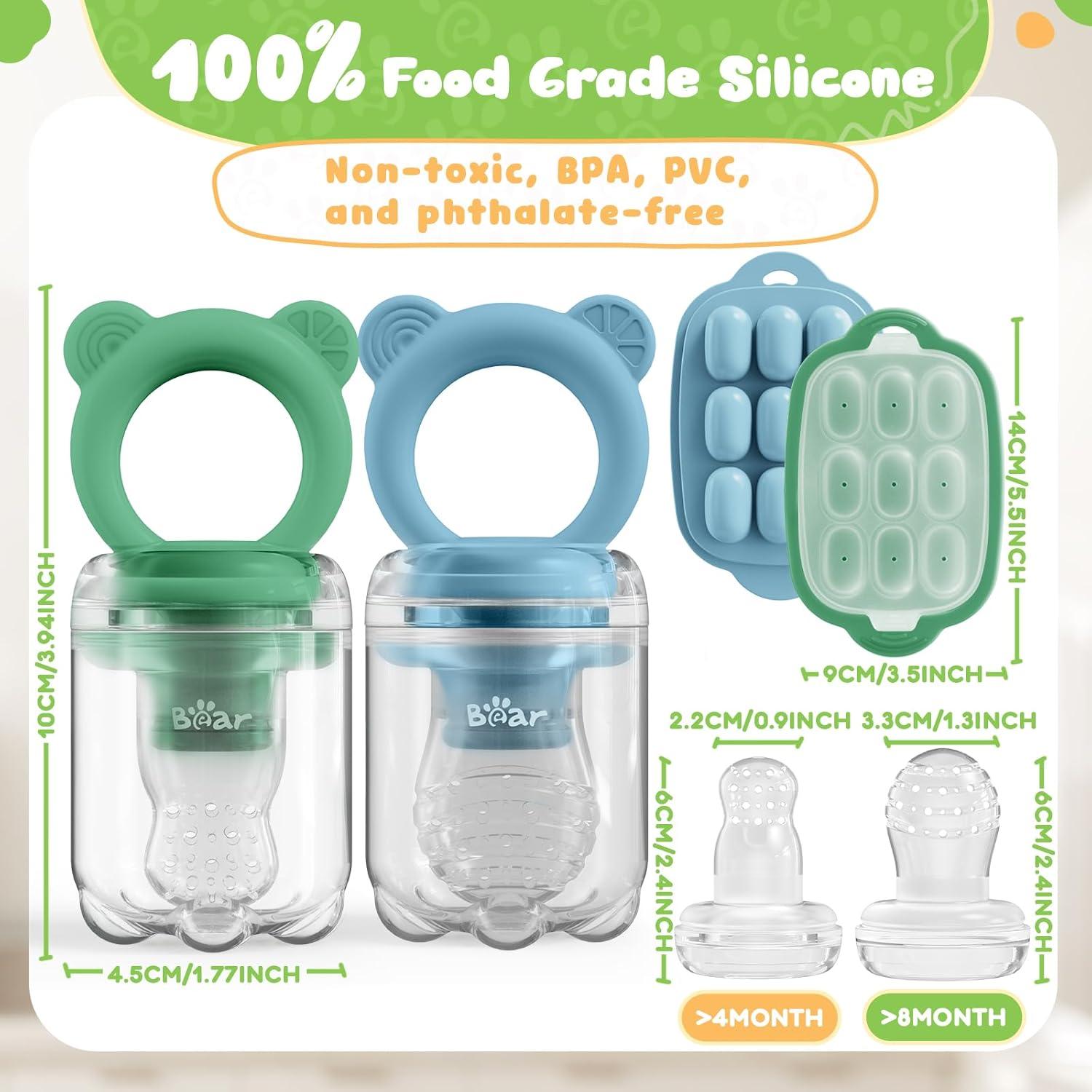 image:imageBear Baby Fruit Food Feeder amp Mini Freezer Nibble Tray Combo 2 Pack Breastmilk Popsicle Molds for Baby Teething Relief BPA Free Silicone Feeder for Safe Infant Self Feeding Dishwasher Safe Greengreen and blue