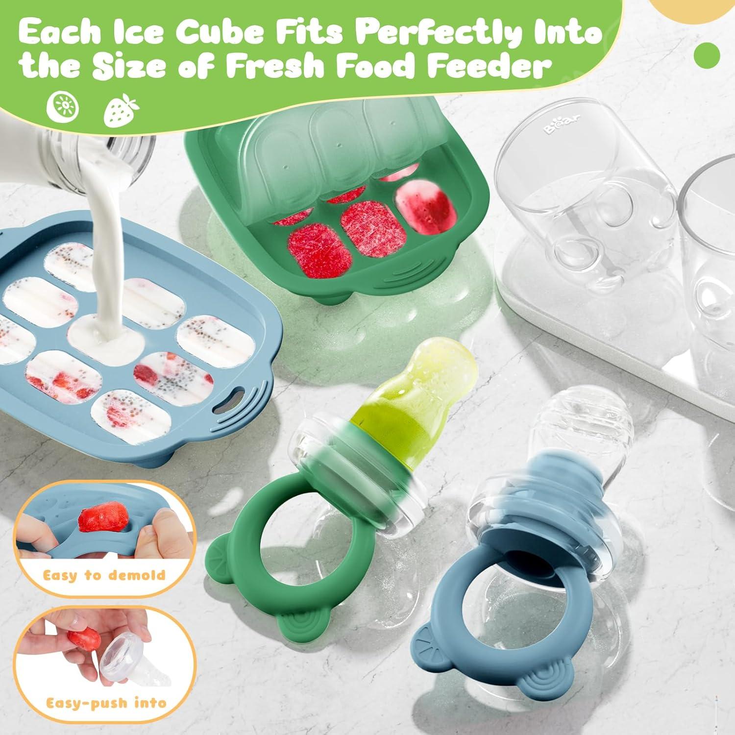 image:imageBear Baby Fruit Food Feeder amp Mini Freezer Nibble Tray Combo 2 Pack Breastmilk Popsicle Molds for Baby Teething Relief BPA Free Silicone Feeder for Safe Infant Self Feeding Dishwasher Safe Greengreen and blue