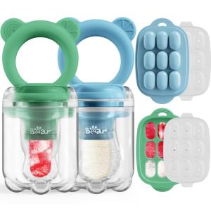 Bear Baby Fruit Food Feeder & Mini Freezer Nibble Tray Combo, 2 Pack Breastmilk Popsicle Molds for Baby Teething Relief, BPA Free Silicone Feeder for Safe Infant Self Feeding, Dishwasher Safe, Green(green and blue)