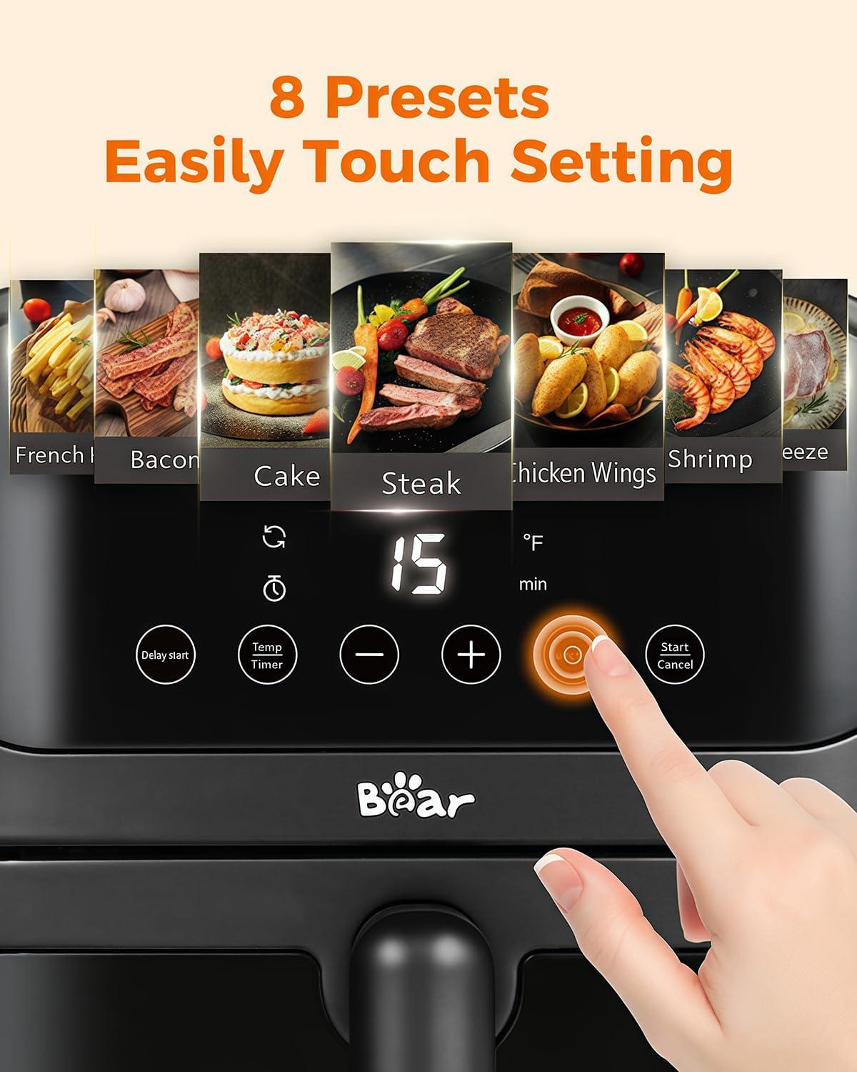 image:imageBear Air Fryer Stainless Steel Airfryer 8 Presets for Fast Family Meals 64Qt Large Visible Window Temp Timer Adjustable Roast Bake Crisp French Fries Steak Non Stick Basket Dishwasher Safe