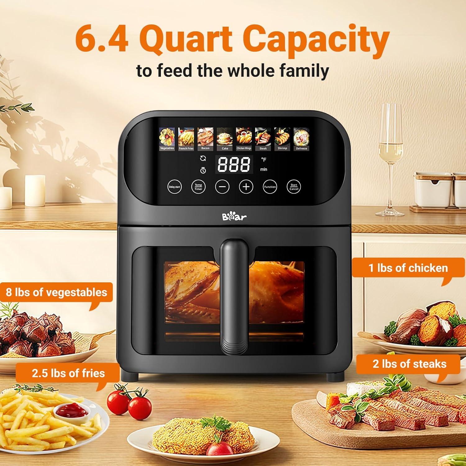 image:imageBear Air Fryer Stainless Steel Airfryer 8 Presets for Fast Family Meals 64Qt Large Visible Window Temp Timer Adjustable Roast Bake Crisp French Fries Steak Non Stick Basket Dishwasher Safe