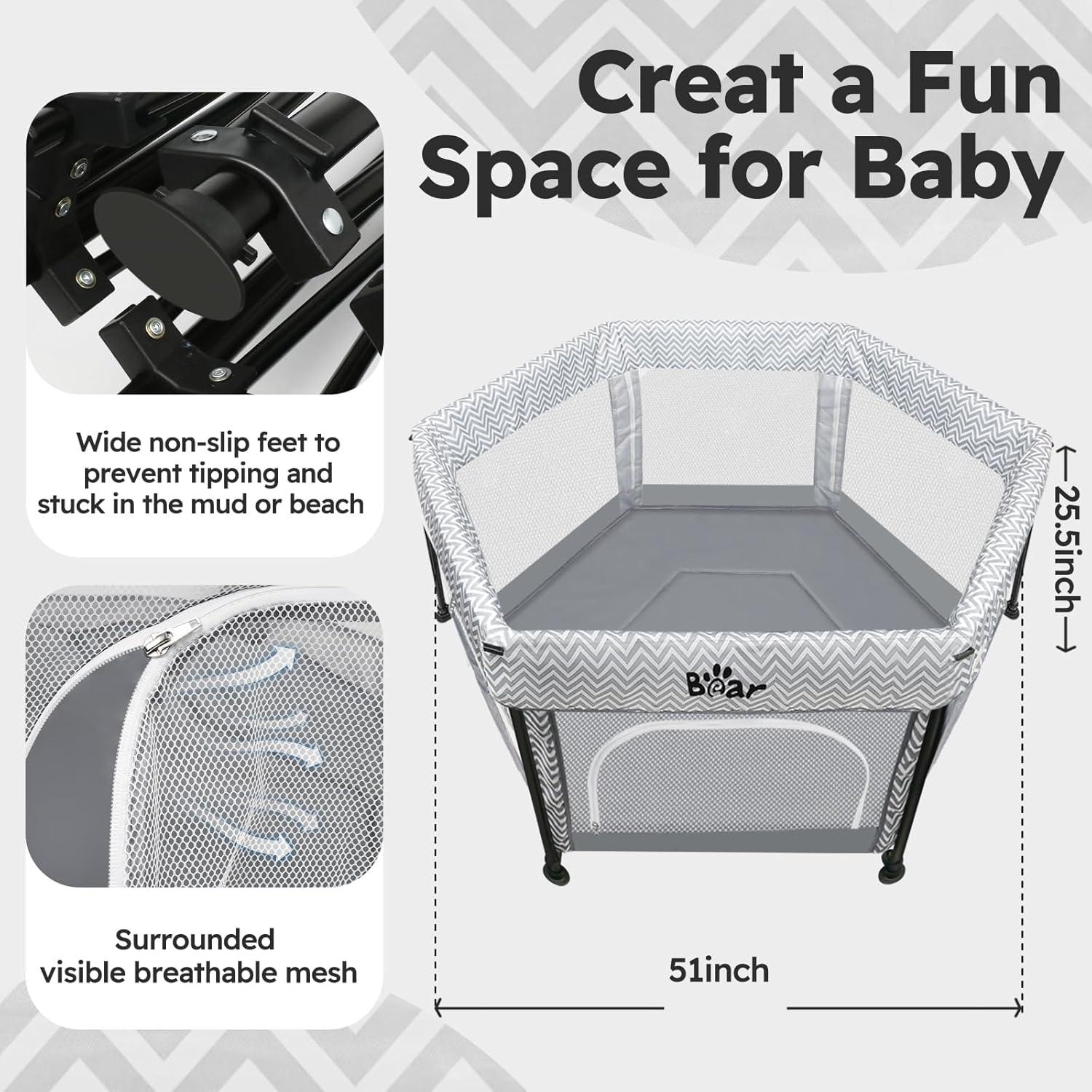 image:imageBear Baby Playpen Foldable Play Yard Playyard with Canopy Mat for Toddlers Portable Indoor Activity Fence Pack and Play Pet Dog Playpen Collapsible