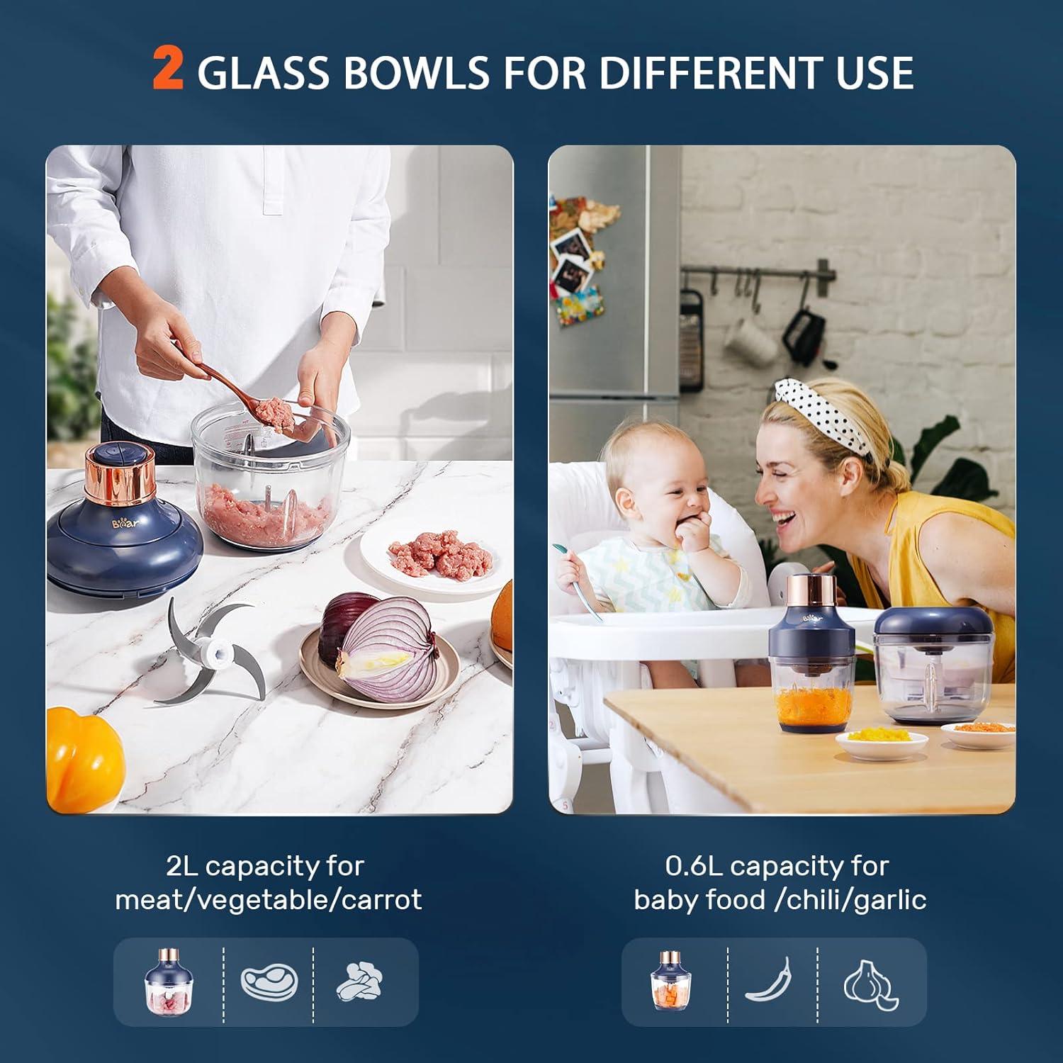 image:imageBear Food Processor Electric Food Chopper with 2 Glass Bowls 8 Cup25 Cup 400W Power Grinder with 2 Sets Stainless Steel Blades 2 Speed for Meat Vegetables and Baby Food