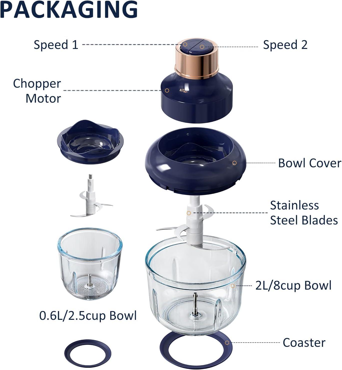 image:imageBear Food Processor Electric Food Chopper with 2 Glass Bowls 8 Cup25 Cup 400W Power Grinder with 2 Sets Stainless Steel Blades 2 Speed for Meat Vegetables and Baby Food
