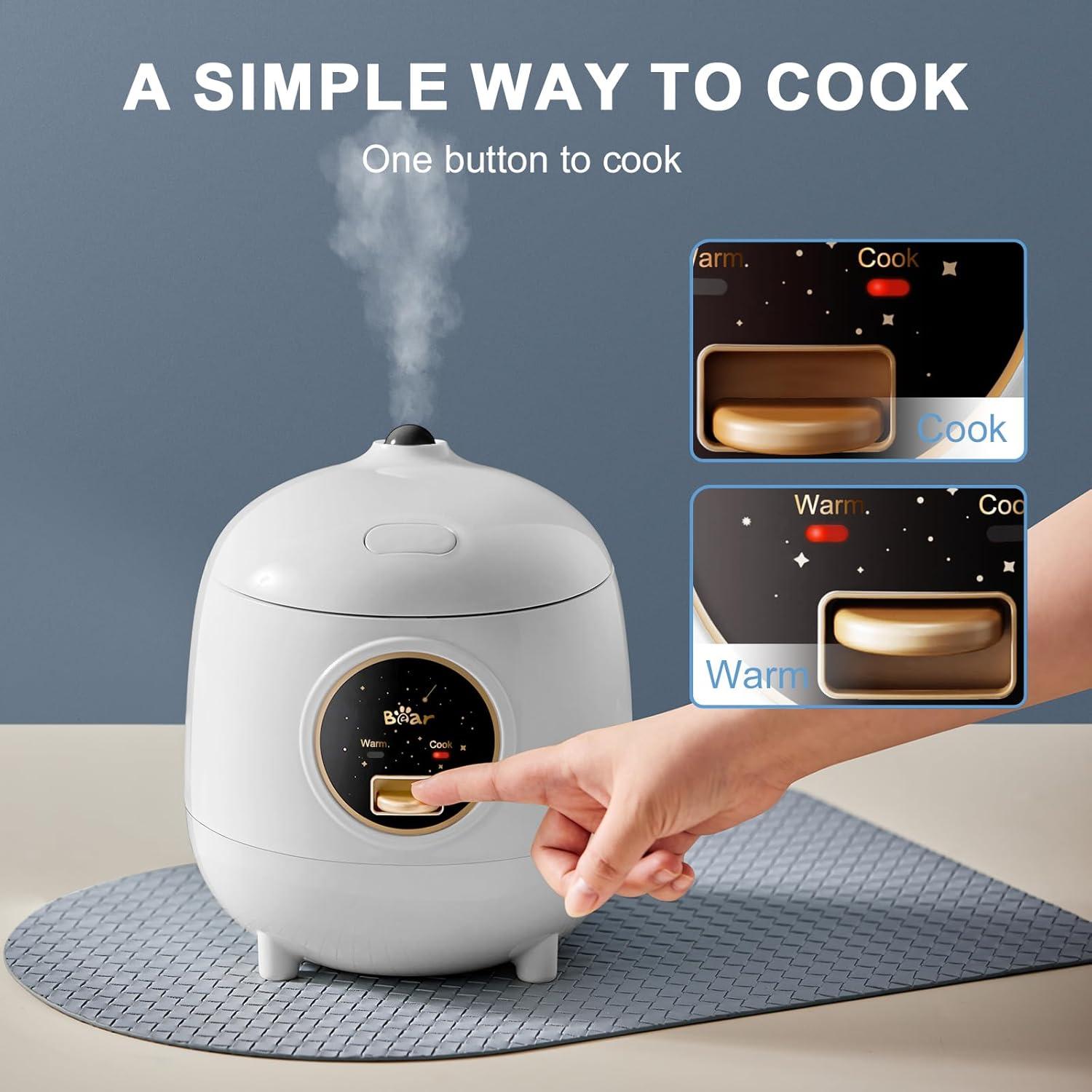 image:imageBear Mini Rice Cooker 2 Cups Uncooked 12L Portable NonStick Small Travel Rice Cooker BPA Free One Button to Cook and Keep Warm Function BlueASnow White12L with Easy One Button Control