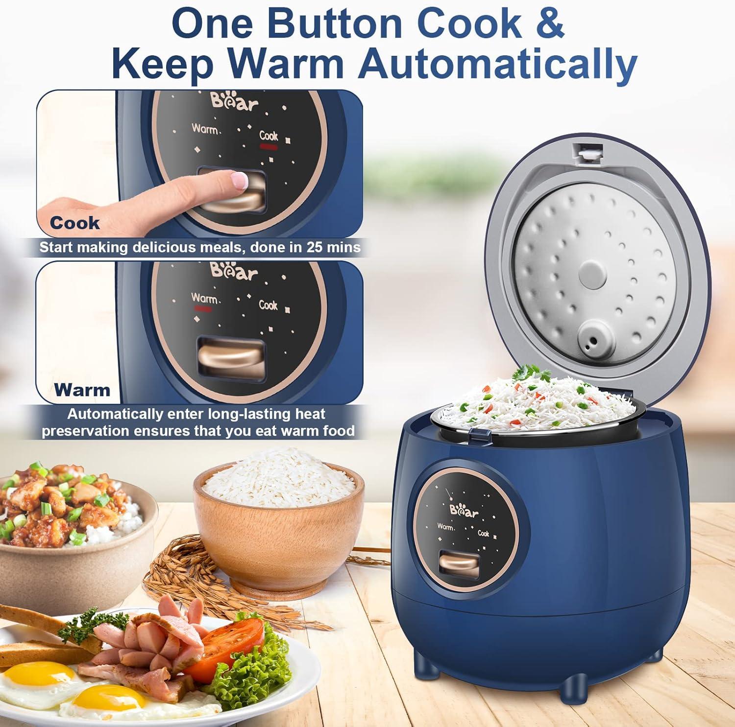 image:imageBear Mini Rice Cooker 2 Cups Uncooked 12L Portable NonStick Small Travel Rice Cooker BPA Free One Button to Cook and Keep Warm Function BlueBBlue12L with Easy One Button Control