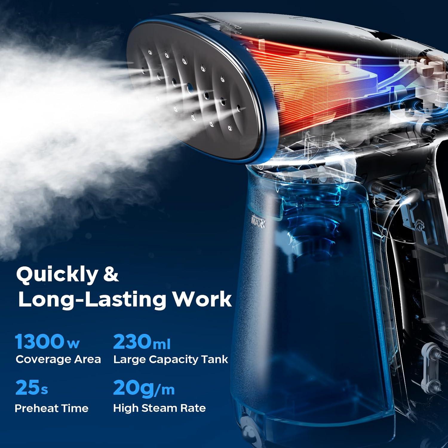 image:imageBear Steamer for Clothes Handheld Clothes Steamer1300W Strong Power Garment Steamer with 230ml TankFast Heatup AutoOff Steam Iron Fabric Wrinkle Remover with Brush for Home and TravelBlue