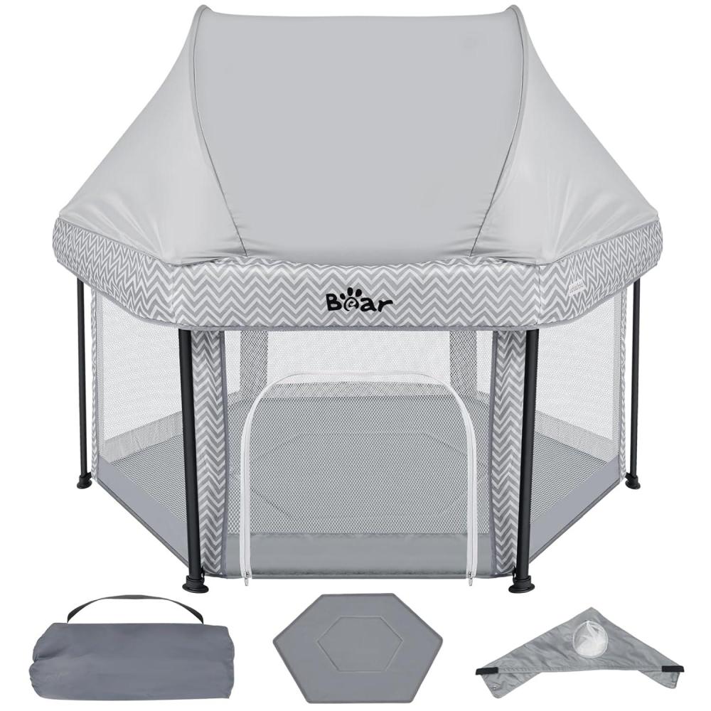 image:imageBear Baby Playpen Foldable Play Yard Playyard with Canopy Mat for Toddlers Portable Indoor Activity Fence Pack and Play Pet Dog Playpen Collapsible