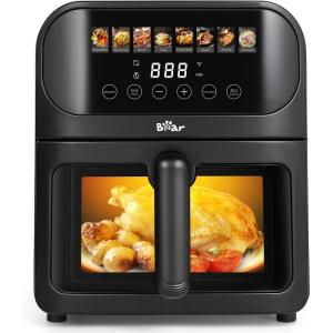 Bear Air Fryer, Stainless Steel Airfryer 8 Presets for Fast Family Meals, 6.4Qt Large Visible Window Temp Timer Adjustable Roast Bake Crisp French Fries Steak, Non Stick Basket Dishwasher Safe